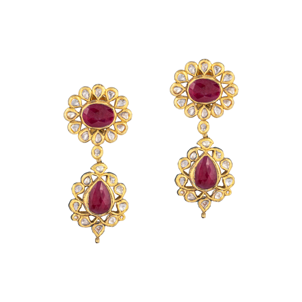 Floral Polki Earrings with Ruby Center & Teardrop Accents